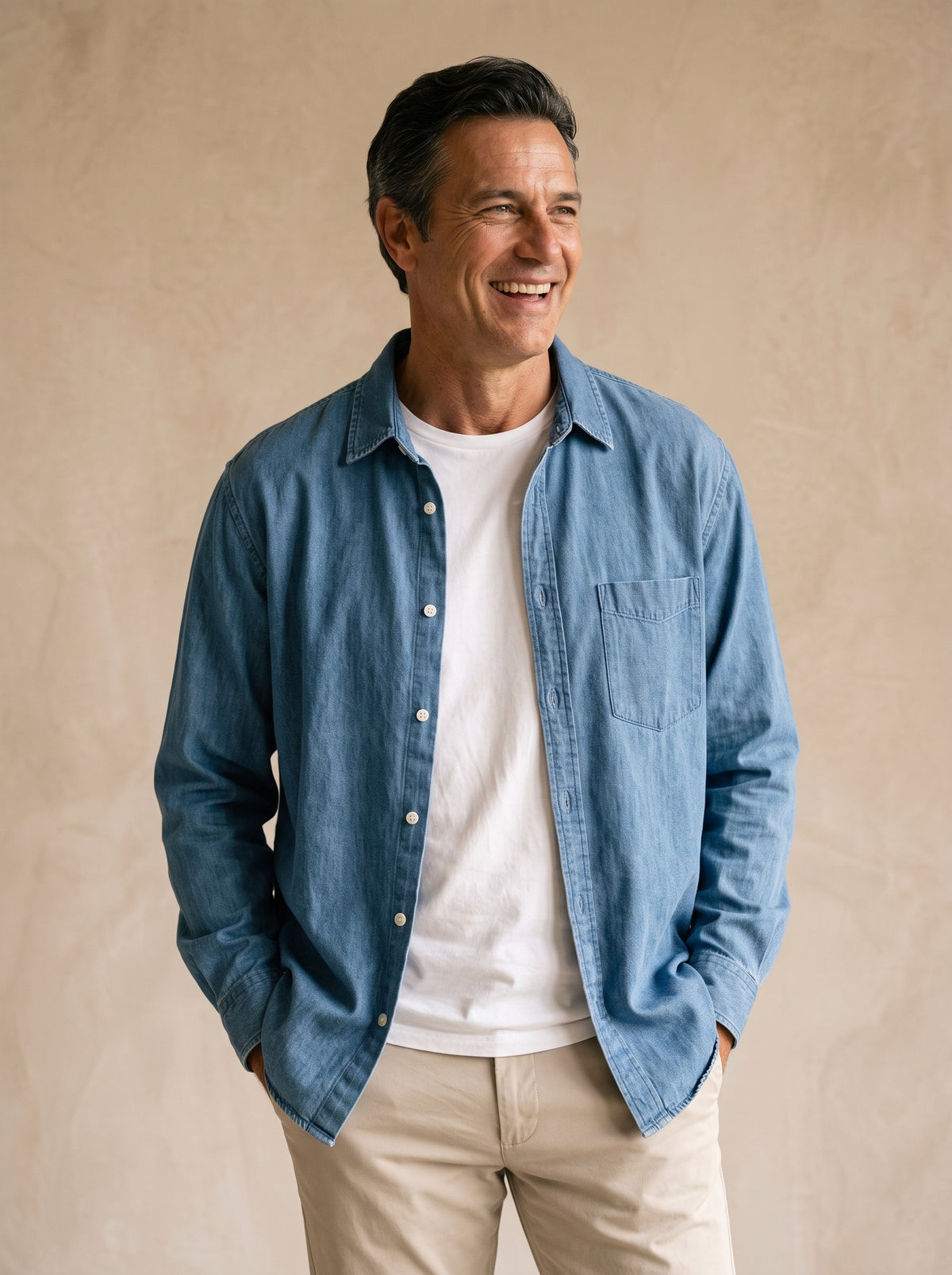 Azul | Camisa lavada manga longa Villefranche azul – modelo sorrindo, recorte médio