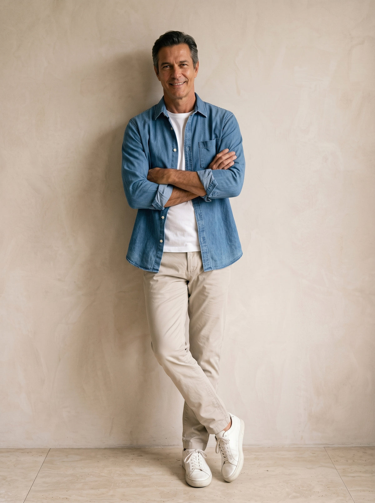 Azul | Camisa lavada manga longa Villefranche azul – modelo encostado na parede