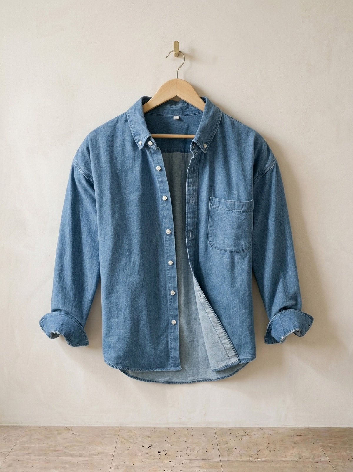 Azul | Camisa lavada manga longa Villefranche azul – peça sozinha, no cabide de madeira