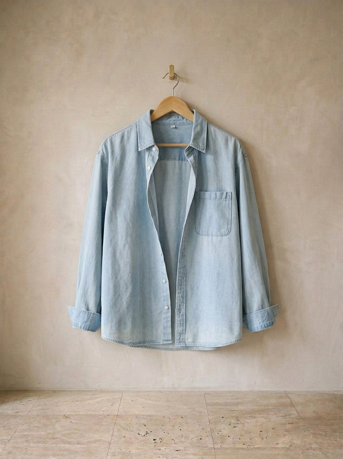 Azul-claro | Camisa lavada manga longa Villefranche azul-claro – peça sozinha, no cabide de madeira