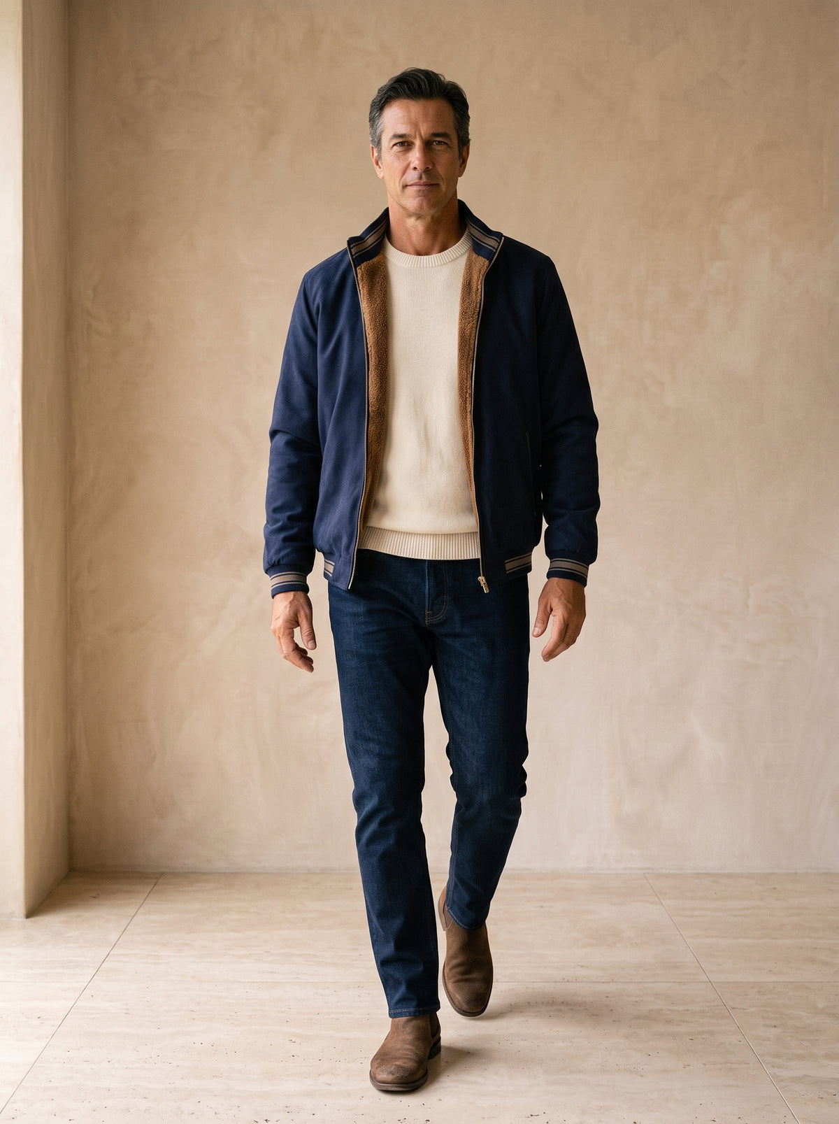 Azul-marinho | Jaqueta casual Visby azul-marinho – corpo inteiro, modelo caminhando