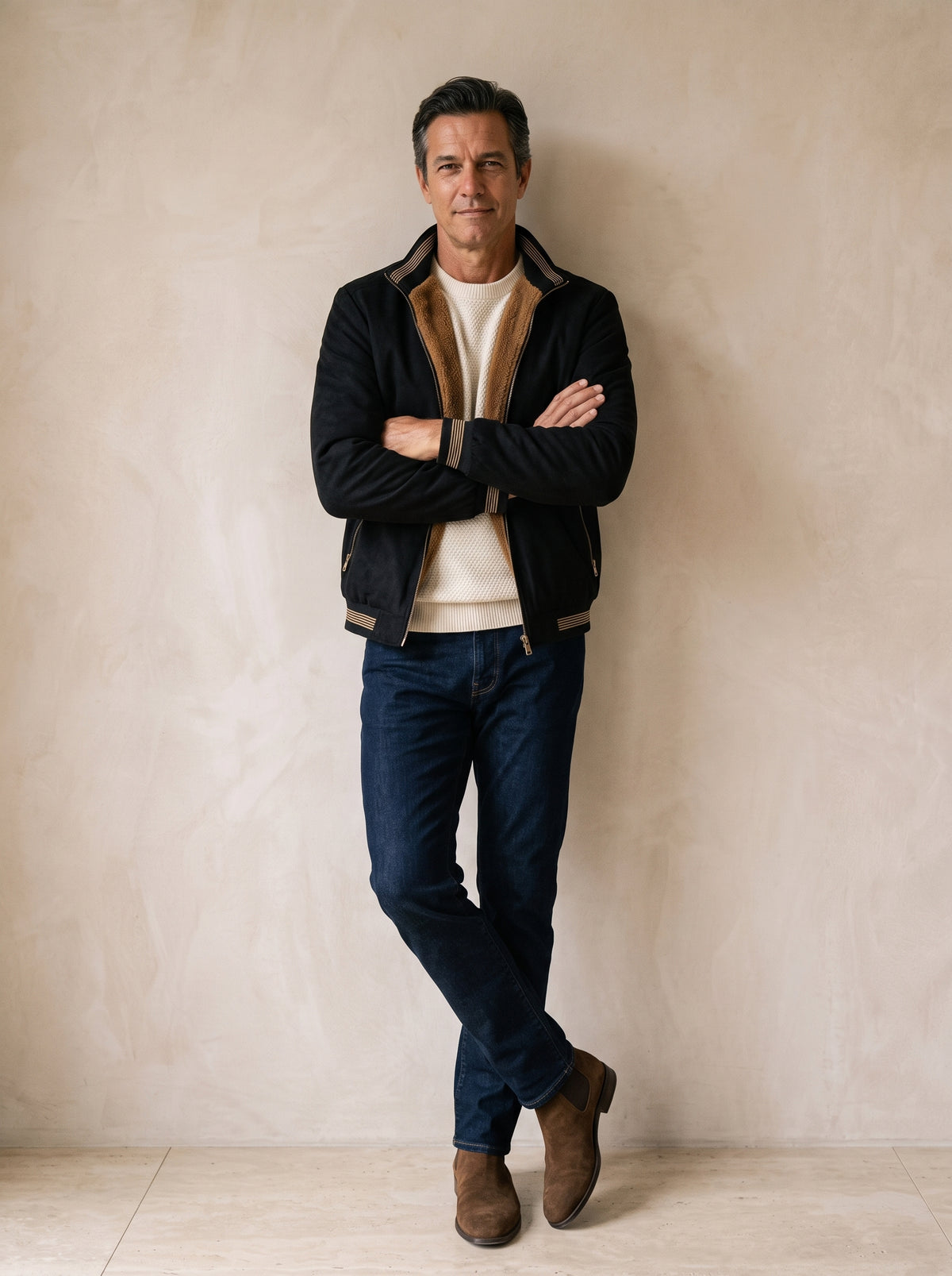 Preto | Jaqueta casual Visby preto – modelo encostado na parede