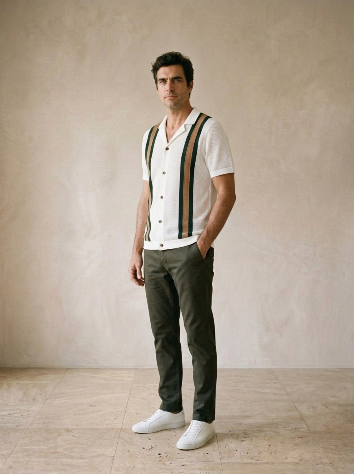 Branco | Camisa de tricô com faixas Volterra branco – vista três quartos