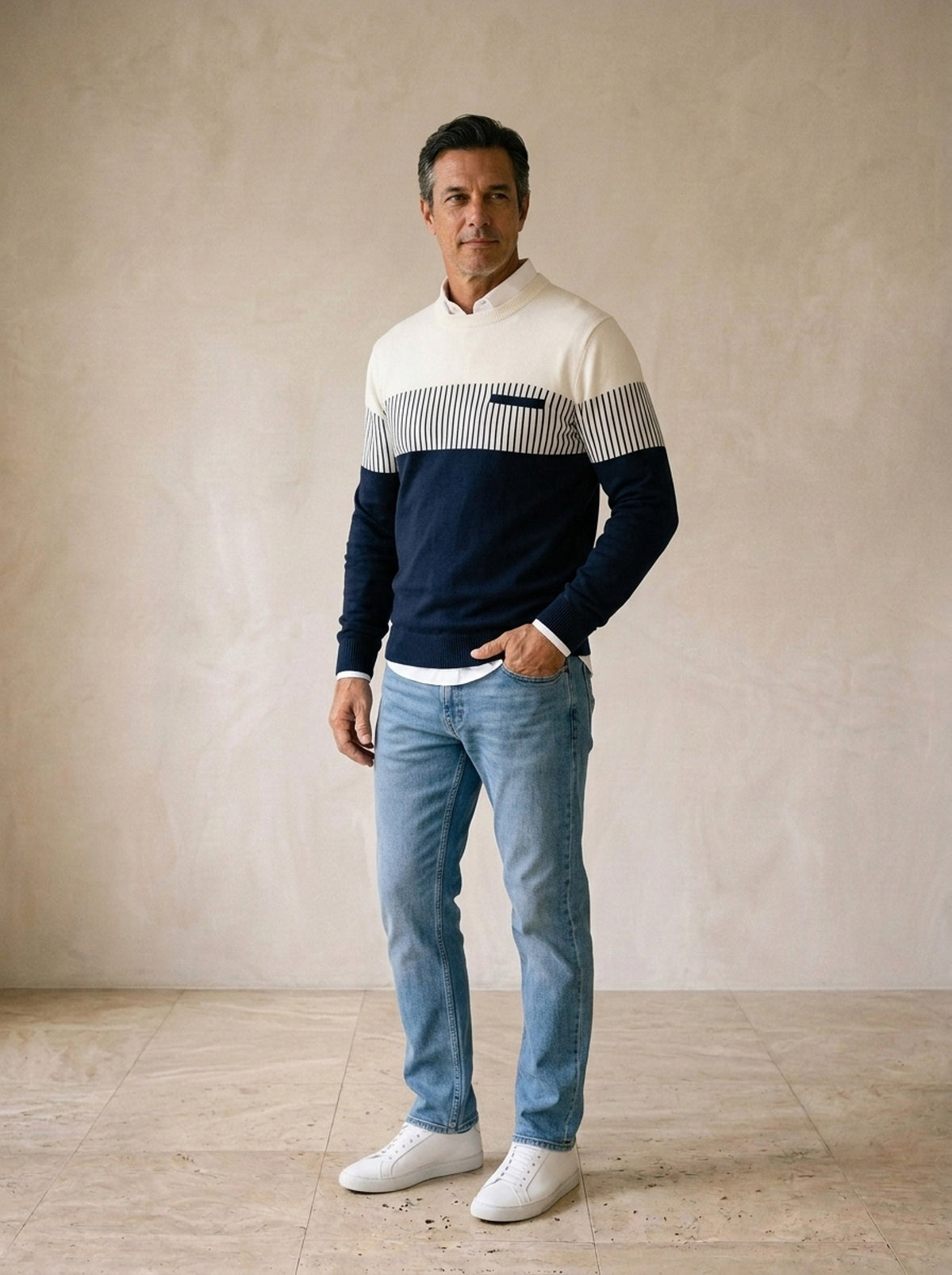 Azul-marinho | Suéter com recorte listrado Wilderswil azul-marinho – vista três quartos